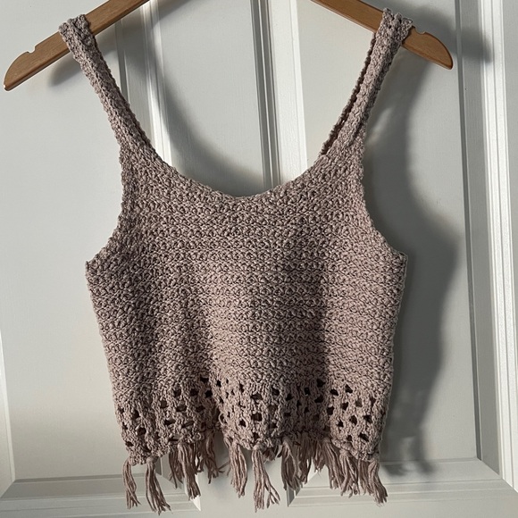 aerie Tops - Aerie Tan Crochet Knit Fringe Crop Tank Top fringe Sz XS